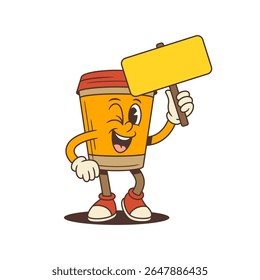 Smiling laranja café copo mascote piscando e segurando em branco sinal amarelo para o texto personalizado. Adequado para promoções de cafés, branding e materiais publicitários. Ilustração vetorial