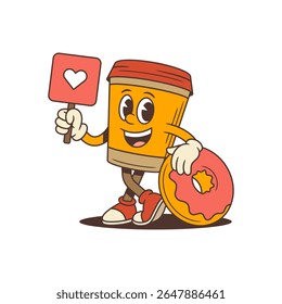 Smiling orange coffee cup mascot with red lid leaning on pink donut and holding red heart sign. Perfect for cafe menus, ads, packaging, and themed promotions. Vector illustration