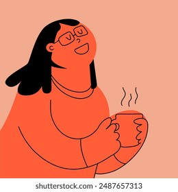 Smiling orange drawn character with glasses holding, enjoying warm drink. Warm and cozy time at home. Creative vector illustration. Hand drawn. Concept of creativity, human emotions, leisure time