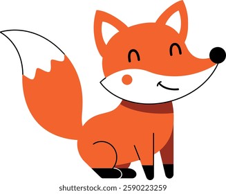 A smiling orange fox with a fluffy tail sits happily, showcasing a playful and friendly demeanor in a simple design.