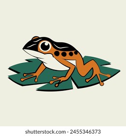 
A smiling orange frog with black spots standing on a dark green leaf, casting a shadow beneath it