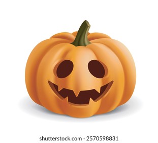 Smiling orange Jack-o -lantern pumpkin with a carved face, green stem, and glowing expression, isolated on a white background. Halloween decoration concept. Vector illustration