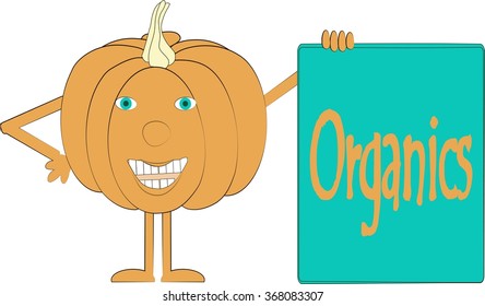 Smiling orange pumpkin, arms and legs, blue eyes, banner whith inscription Organics on blue, healthy food, for children, the object on white background, vector