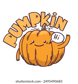 Smiling orange pumpkin greets and says Hi. Hand drawn vector illustration on a white background