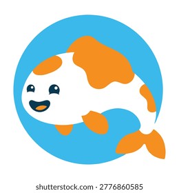 A smiling orange and white koi fish swims in a blue circle, evoking a sense of happiness and playfulness in a simple, colorful design.