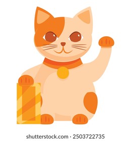 Smiling orange and white lucky cat holding a gold ingot and waving its paw