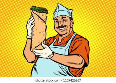 Smiling Oriental Street Food Chef. Kebab Shawarma Doner. Pop Art Retro Vector Illustration Kitsch Vintage Drawing