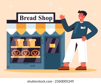 Dueño sonriente parado cerca de la tienda de pan, presentando una nueva tienda. Comprando productos recién horneados en la tienda. Ilustración vectorial en estilo de dibujos animados en colores amarillo y azul