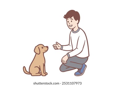 Smiling owner teaching pet commands, cute little puppy gives paw. Hand drawn style vector design illustrations.