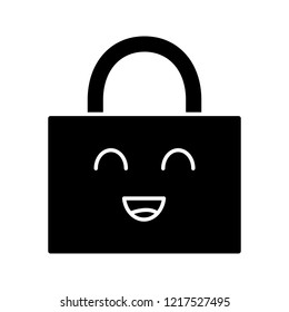 Smiling padlock glyph icon. Reliable password. Protection, security. Easy safety. Happy padlock. Emoji, emoticon. Silhouette symbol. Negative space. Vector isolated illustration
