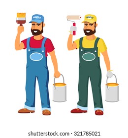 smiling painter dressed in work clothes is holding brush and bucket