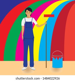 smiling painter with paint roller brush and paint bucket  draw in cartoon vector