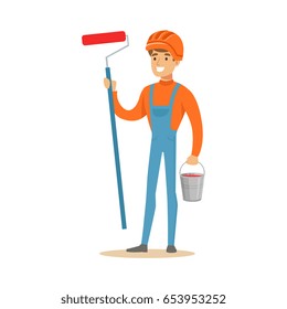 Smiling painter wearing orange safety helmet and work clothes holding a paint roller and bucket in his hands, colorful character vector Illustration