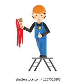 Smiling painter worker with thumbs up and brush in his hands standing on the stepladder. Flat vector design