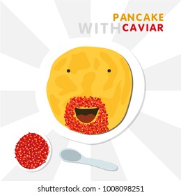 Smiling Pancake With Beard Made By Red Caviar. Vector Illustration For Shrovetide. 