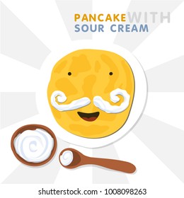 Smiling Pancake With Mustache Made By Sour Cream. Vector Illustration For Shrovetide. 