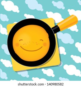 Smiling pancake on a pan for breakfast staying on tablecloth with clouds. Mardi Gras or Fat Tuesday picture
