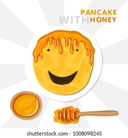 Smiling Pancake With Wig Made By Honey. Vector Illustration For Shrovetide. 