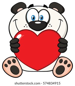 Smiling Panda Bear Cartoon Mascot Character Holding A Valentine Love Heart. Vector Illustration Isolated On White Background