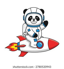 Smiling panda bear in white spacesuit rides colorful rocket ship with flames, conveying adventure and fun