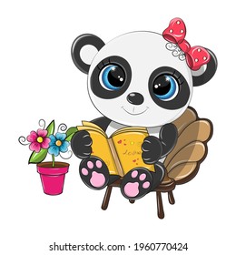 Panda sonriente con un lindo vector facial se sienta en un sillón y lee una revista. Ilustración infantil de un panda en un lindo estilo de dibujos animados en colores brillantes. Impresión vectorial para productos para bebés.