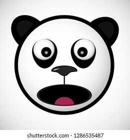 Smiling panda emotion with scared eyes and open mouth on white background