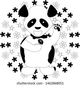 Smiling panda with a flower on the background of a floral ornament. Zenart. Anti stress coloring.
