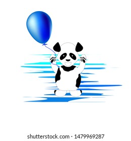 A smiling panda holds a balloon in its paw on a background of stripes abstraction.