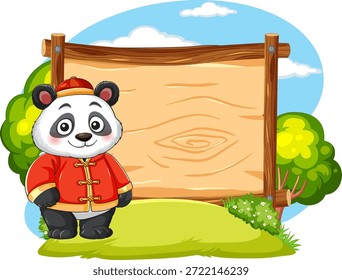 Lächelnder Panda in roter Kleidung steht neben leerem Holzschild, Outdoor-Cartoon-Vektorstil