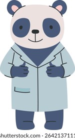 A smiling panda wearing a lab coat and gloves in a flat cartoon style. The bear stands upright with a friendly expression and scientific attire. Cartoon vector illustration.