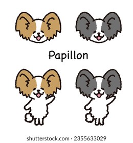 Smiling papillon standing on two legs face and whole body set.