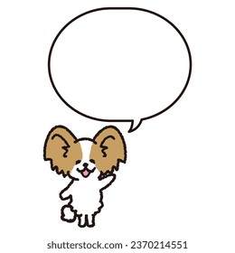 A smiling papillon standing on two legs with a speech bubble.