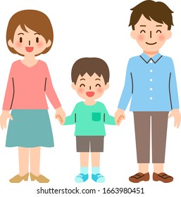 Smiling parents and a boy holding their hands