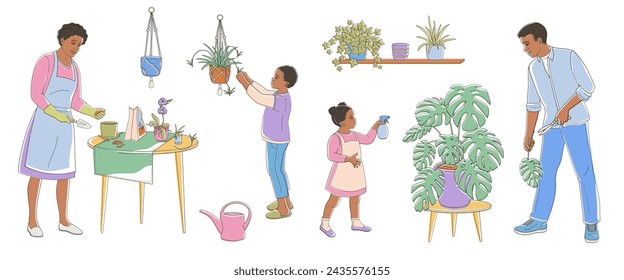 smiling parents with children care for house plants African American Family working together