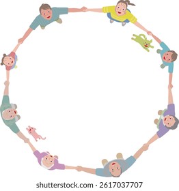 Smiling parents and children, family, three generations. Holding hands in a circle. Family looking up.