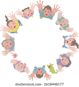 Smiling parents and children, family, three and four generations. A family standing in a circle, raising their hands and looking up.