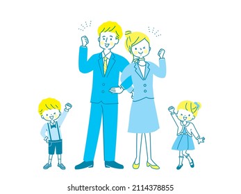 Smiling parents and children in suits