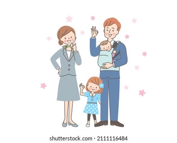 Smiling parents and children in suits going out in spring