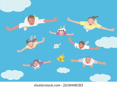 Smiling parents and children, three-generation family. Flying in the blue sky.