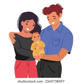 Smiling parents holding hugging newborn baby standing together isolated on white background. Happy moments of parenthood, loving young family couple with affectionate child vector illustration