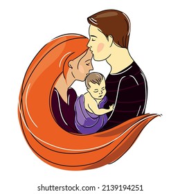 Smiling parents, mother and father holding newborn baby Vector illustration isolated on white background.Happy young family. Illustration of the concept of pregnancy and motherhood.