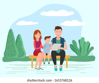 Smiling Parents Reading Paper With Little Son In Park. Mother And Father Sitting With Child On Bench Near Trees. Mom And Dad Educating Kid Outdoor. Happy People In Casual Clothes In Garden Vector