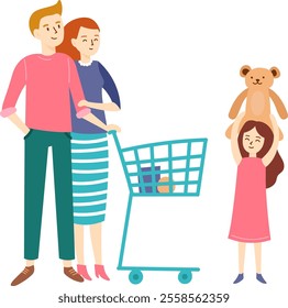 Smiling parents shopping together, pushing a cart filled with groceries, while their daughter joyfully lifting a teddy bear above her head, creating a moment of family bonding and happiness