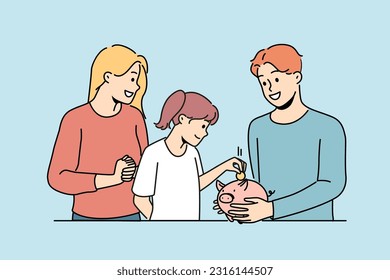 Smiling parents teach small child saving money in piggyback. Happy mother and father manage budget with little kid. Investment and expenses management. Vector illustration. 