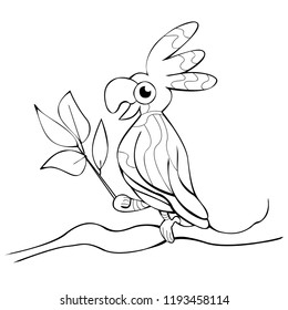 The smiling parrot is holding the branch with leafs on the tree, vector coloring book	 for children, isolated element on the white background, line art, illustration of a bird, black outline  