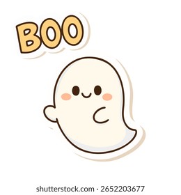 Smiling pastel ghost in kawaii style with hand-lettered “BOO” text. Perfect for Halloween stickers, spooky baby prints, greeting cards, and kids’ party decorations.