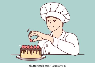 Smiling pastry chef decorating cake with fruits. Happy female baker finishing dessert with raspberries. Cuisine and bakery concept. Vector illustration. 