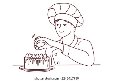 Smiling pastry chef decorating cake with fruits. Happy female baker finishing dessert with raspberries. Cuisine and bakery concept. Vector illustration. 