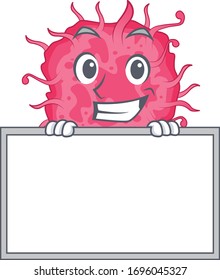 Smiling pathogenic bacteria cartoon design style has a board