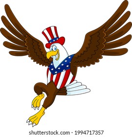 Smiling Patriotic Eagle Cartoon Character Flying. Vector Hand Drawn Illustration Isolated On Transparent Background